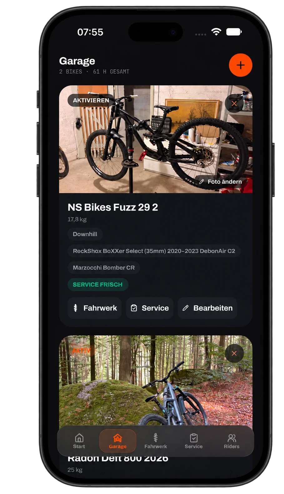 TUNERIDE Garage mit Bike-Foto und Service-Status