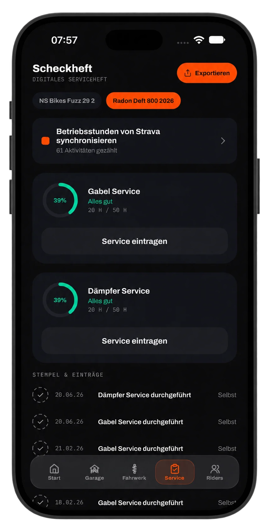 TUNERIDE Service-Übersicht mit Intervallen für Gabel und Dämpfer